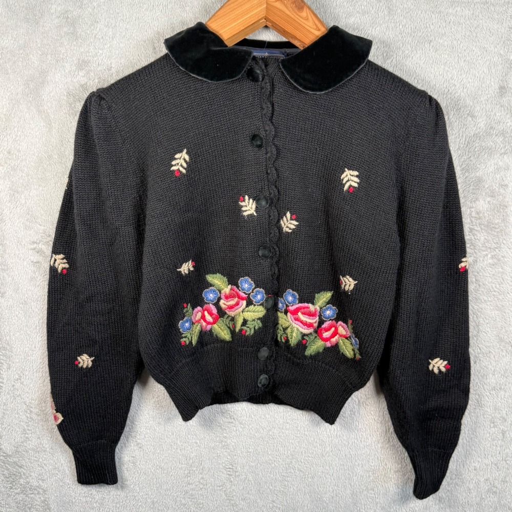 Herman Geist Cardigan Women L Black Embroidered Floral Whimsigoth Velvet Collar